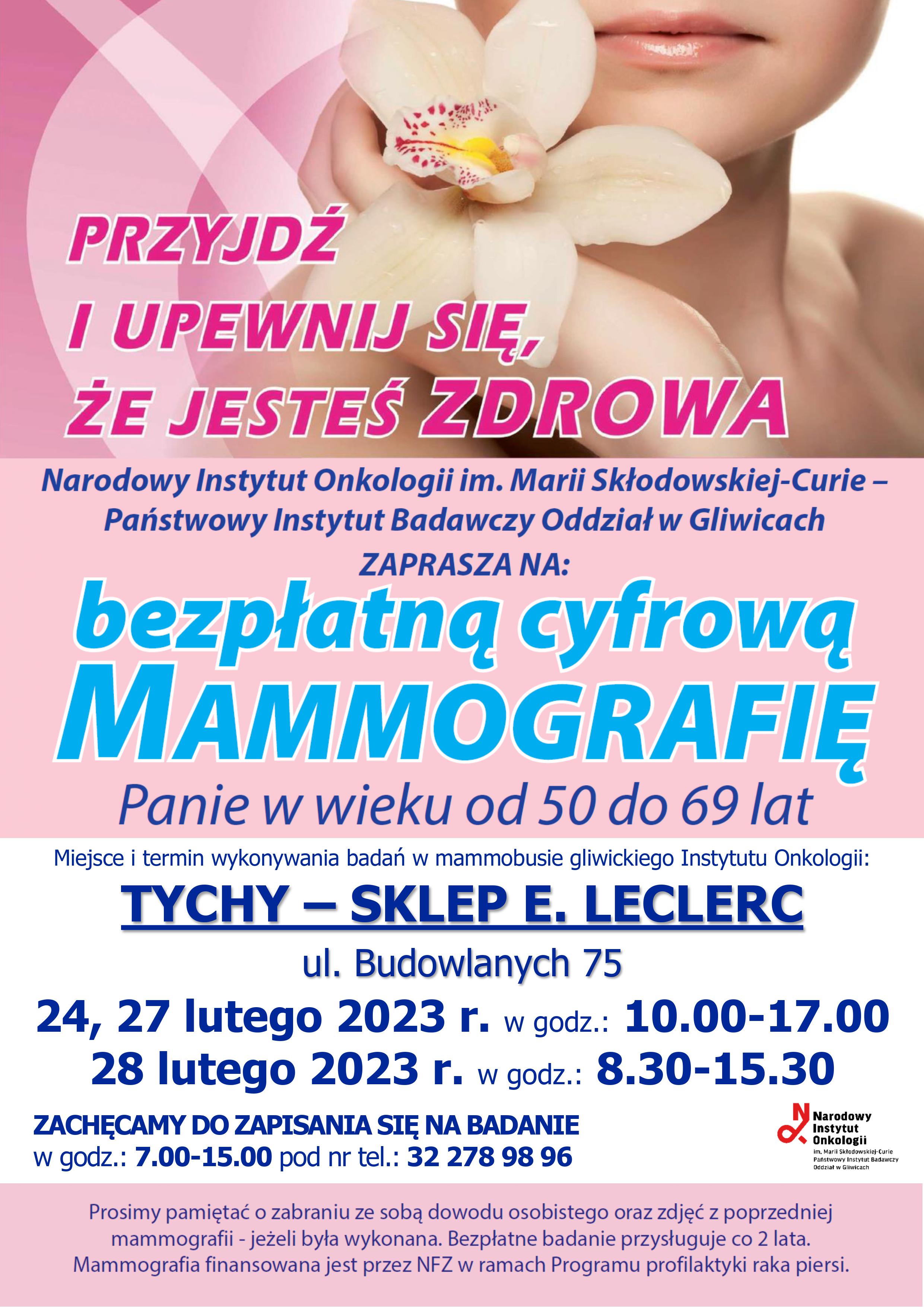 Bezpłatne badania mammograficzne 24,27, 28 lutego przy sklepie E. LECLERC