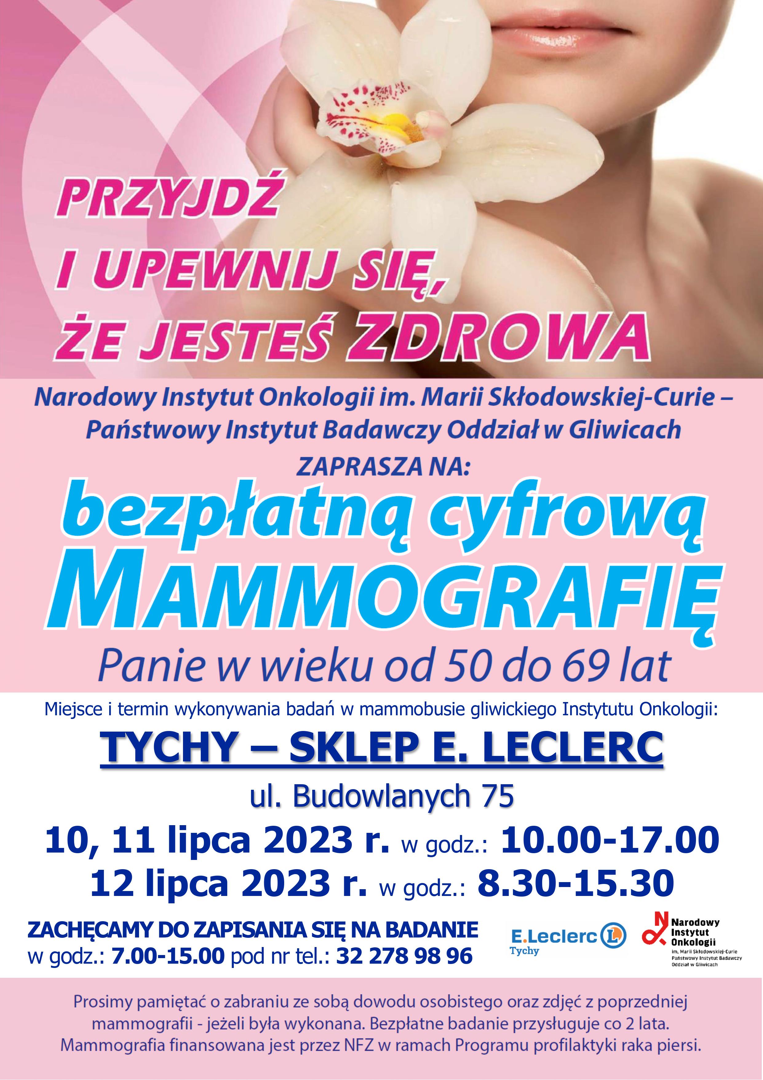 Bezpłatne badania mammograficzne 10,11 i 12 lipca 2023 r.  przy sklepie E. LECLERC