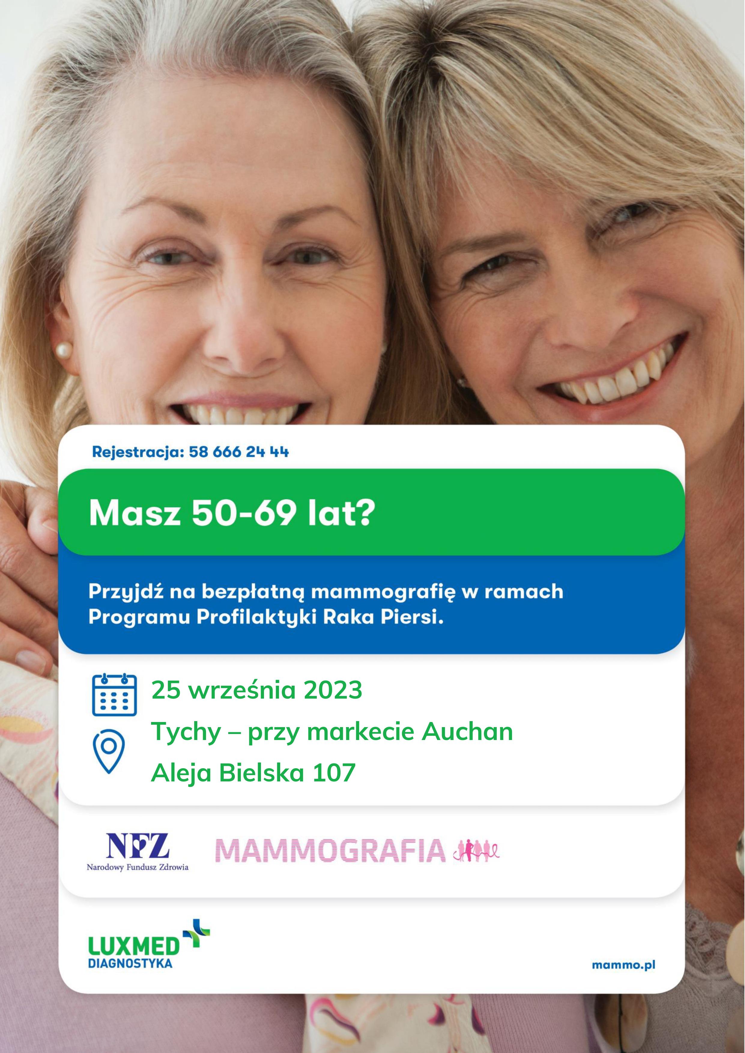 Bezpłatne badania mammograficzne 25.09.2023 r. - godz. 11.00 - 17.00 przy markecie Auchan, Aleja Bielska 107 w Tychach