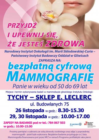 Mammografia 26, 29 i 30 listopada 2021 r. Tychy ul. Budowlanych 75 (przy sklepie E. Leclerc